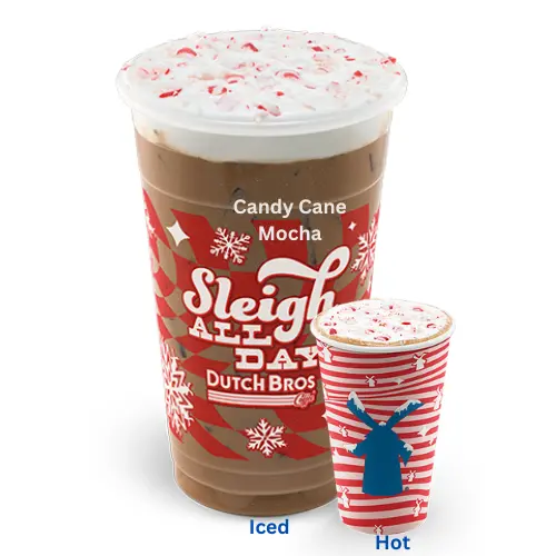 Dutch Bros Candy Cane Mocha with espresso, chocolate milk and peppermint