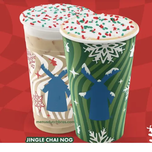 Dutch Bros Jingle Nog Latte with spiced chai, nog, Soft Top and jingle sprinkles