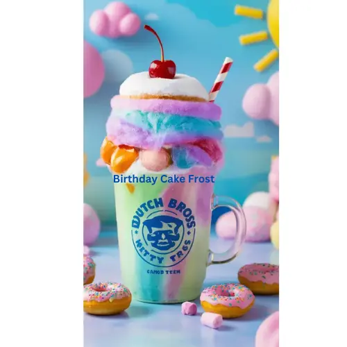 Dutch Bros Birthday Cake Frost with almond roca, white chocolate and confetti sprinkles