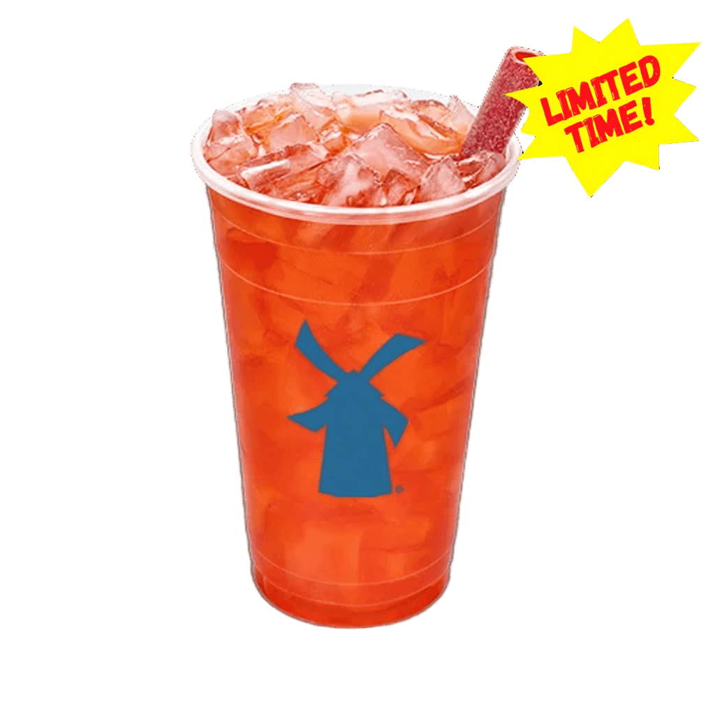 Fruit Punch Rebel iced Dutch Bros seasonal energy drink with a sour candy straw